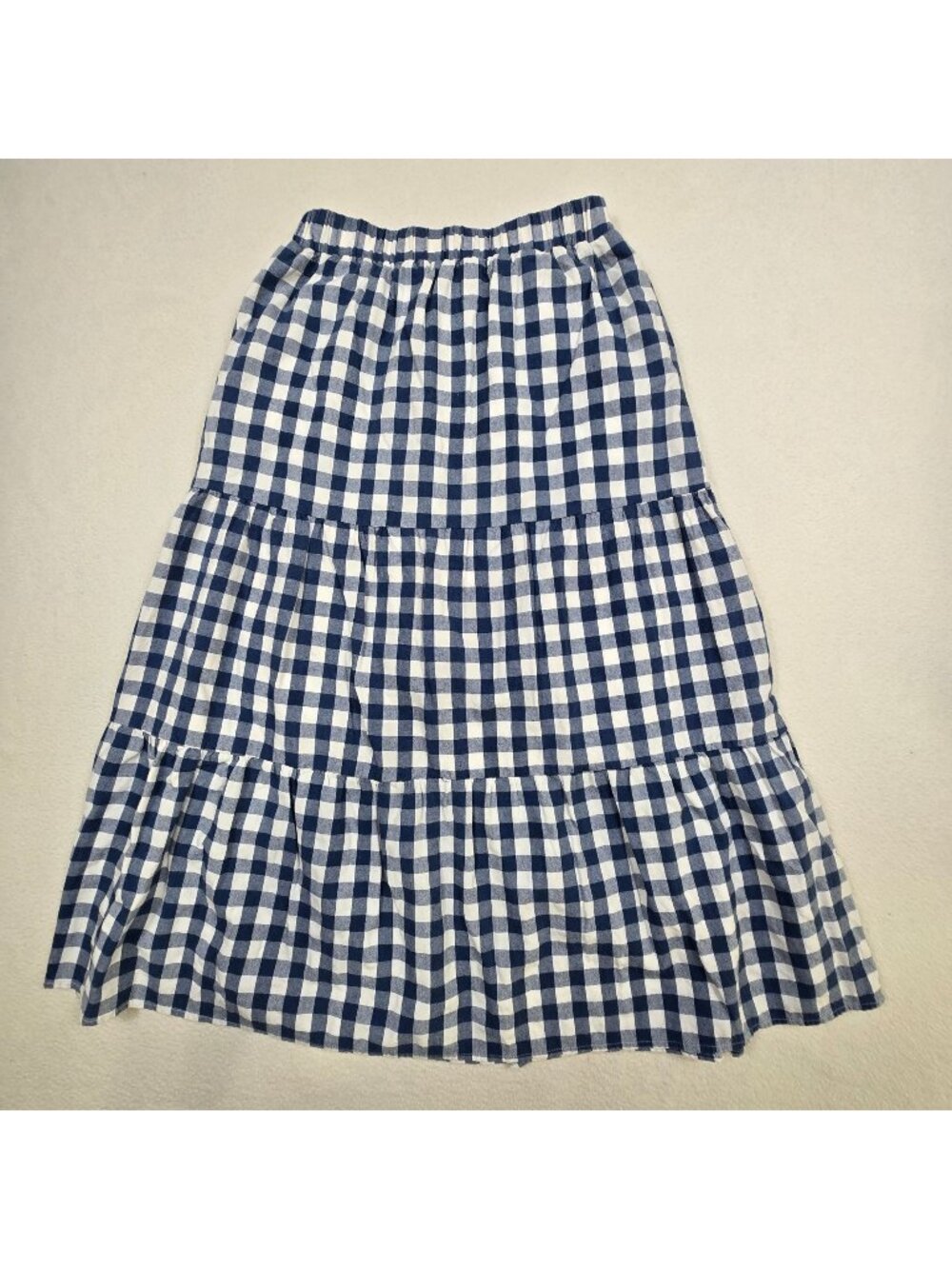 Zesica Small Womens Tiered Midi Skirt Blue Gingham Elastic Waist Cottage Core